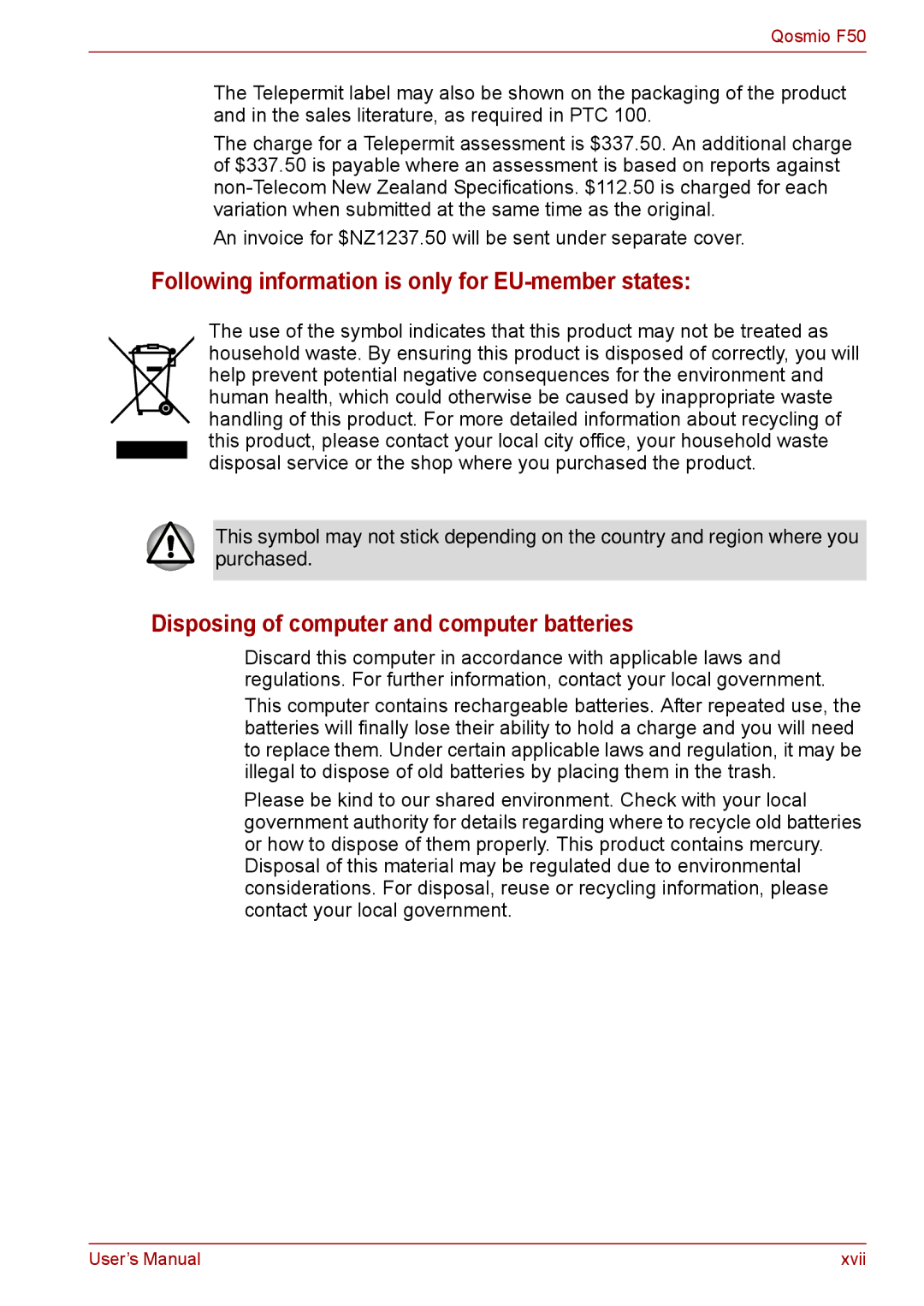 Toshiba F50 user manual Following information is only for EU-member states, Disposing of computer and computer batteries 