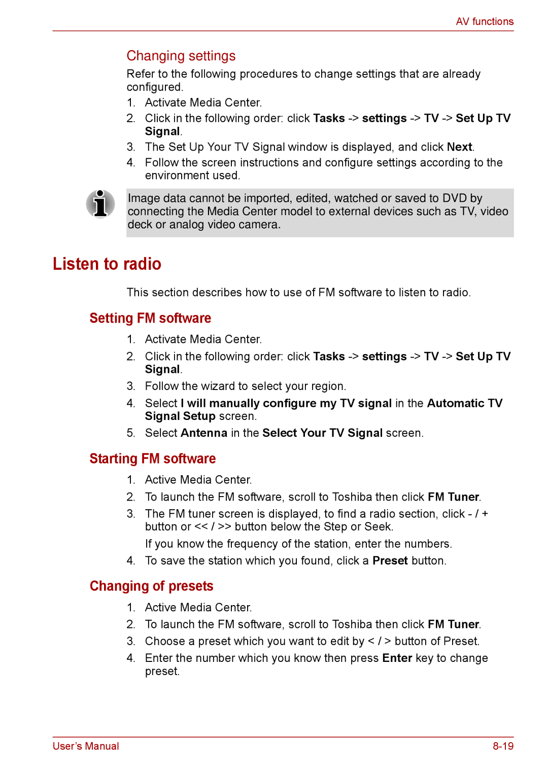 Toshiba F50 user manual Listen to radio, Setting FM software, Starting FM software, Changing of presets, Changing settings 