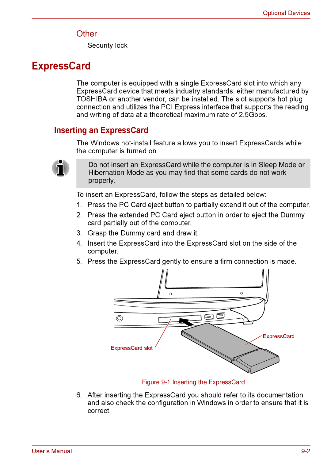 Toshiba F50 user manual Inserting an ExpressCard, Other 