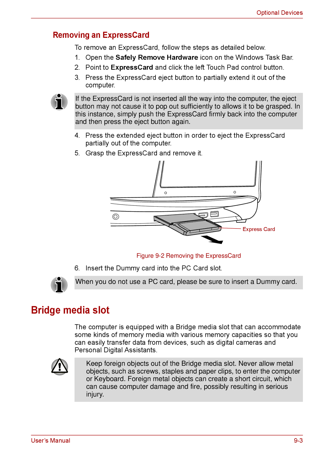 Toshiba F50 user manual Bridge media slot, Removing an ExpressCard 