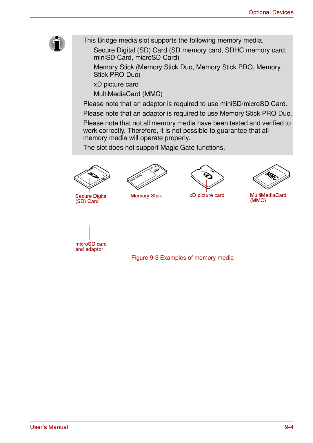 Toshiba F50 user manual Examples of memory media 