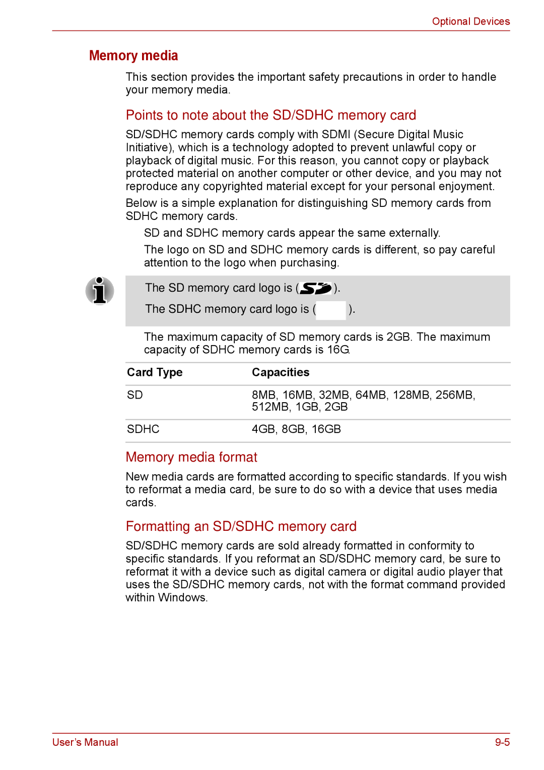 Toshiba F50 user manual Points to note about the SD/SDHC memory card, Memory media format, Card Type Capacities 