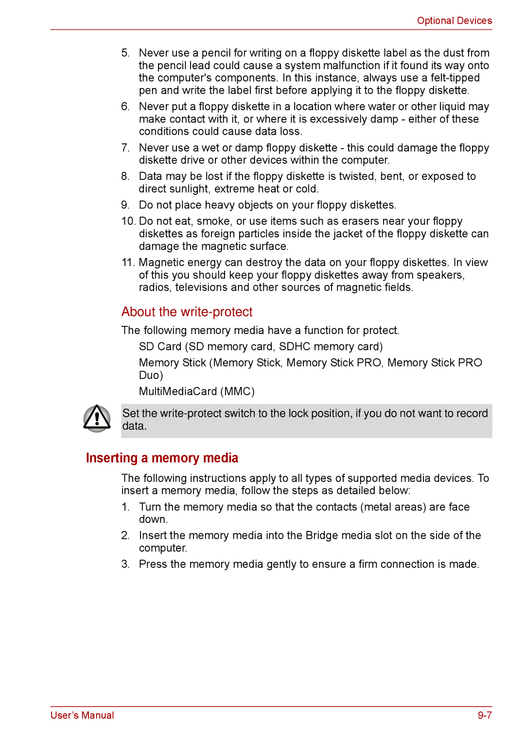 Toshiba F50 user manual Inserting a memory media, About the write-protect 