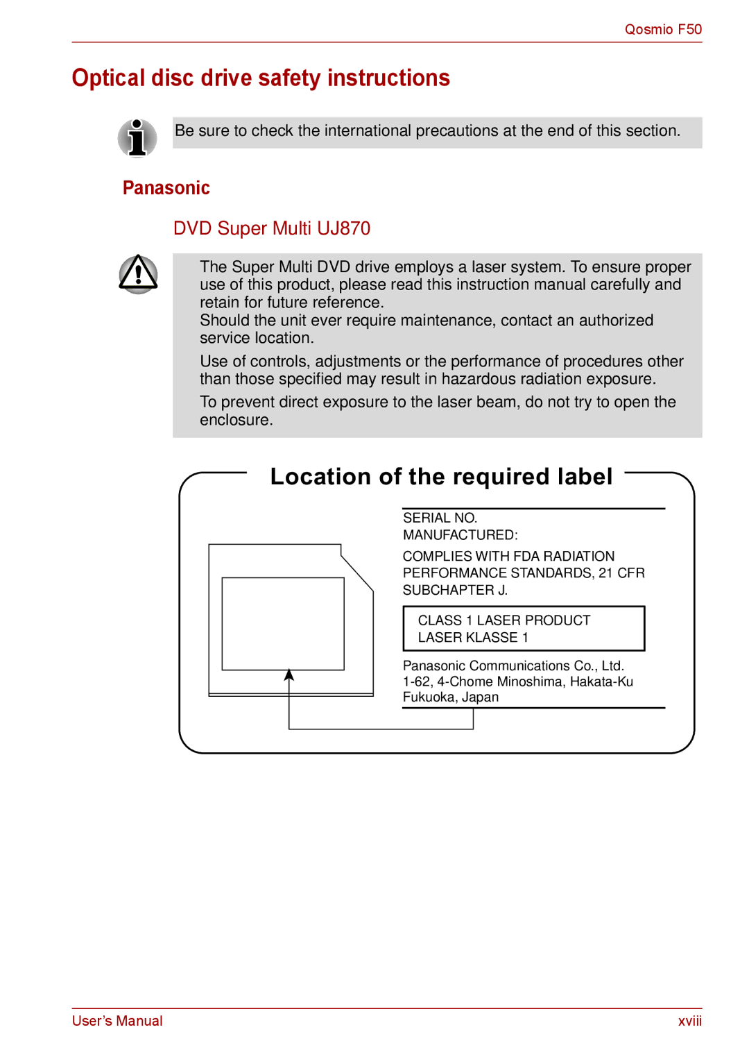 Toshiba F50 user manual Optical disc drive safety instructions, Panasonic, DVD Super Multi UJ870 