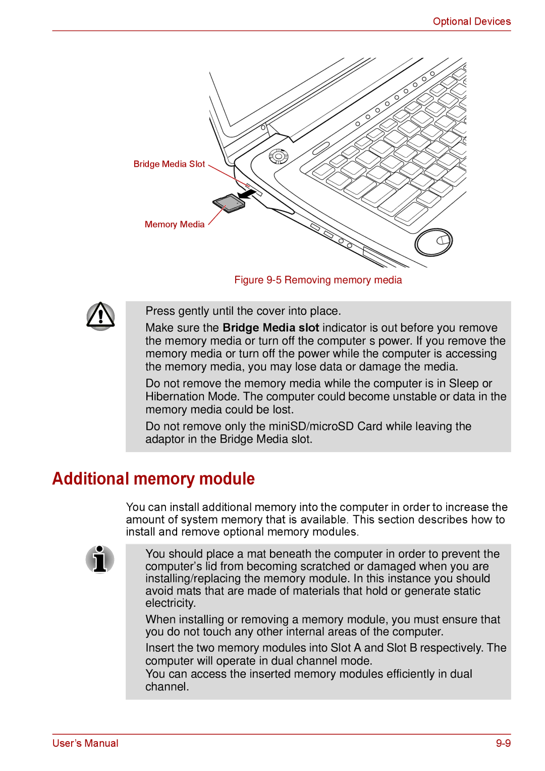 Toshiba F50 user manual Additional memory module, Press gently until the cover into place 