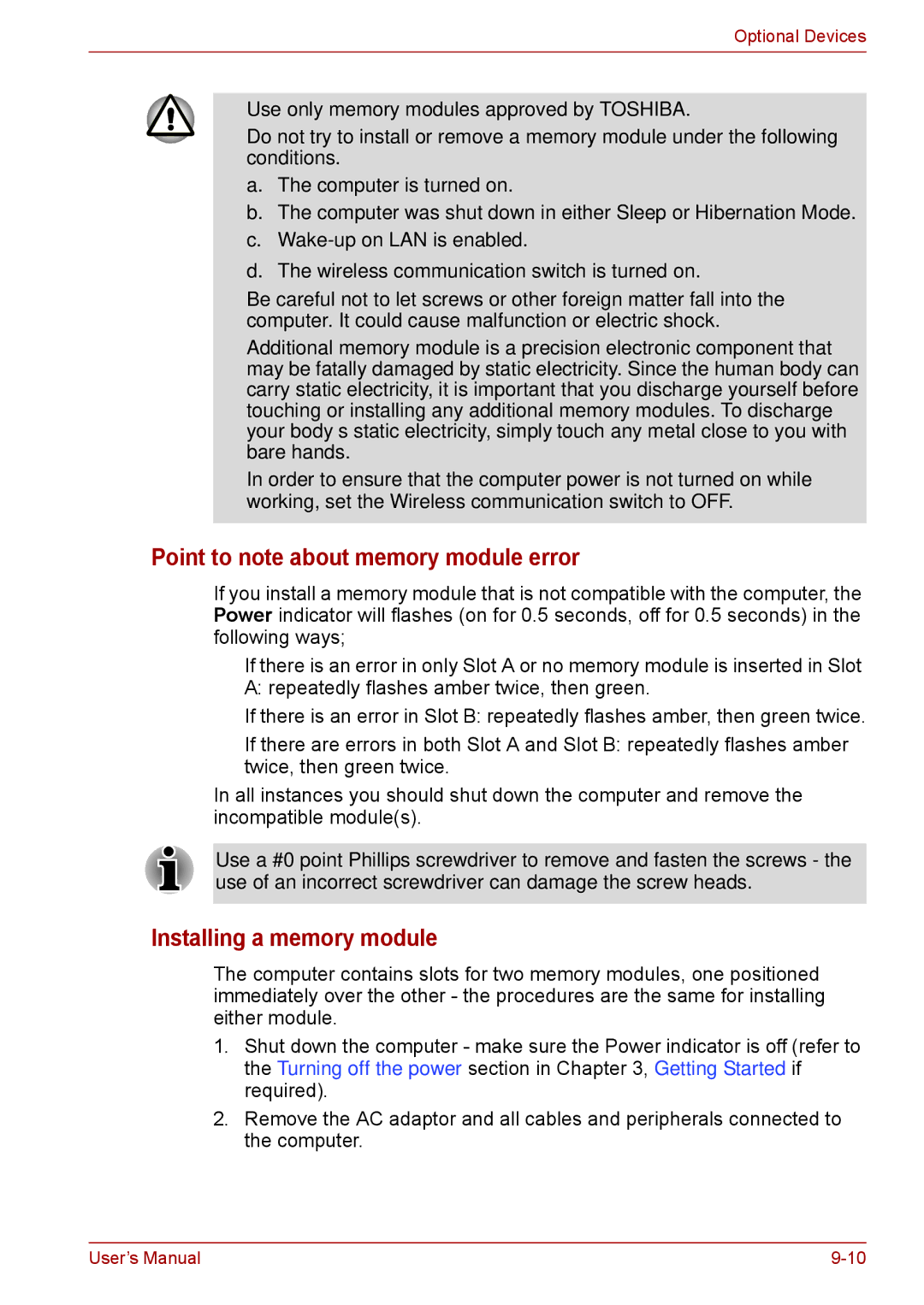 Toshiba F50 user manual Point to note about memory module error, Installing a memory module 