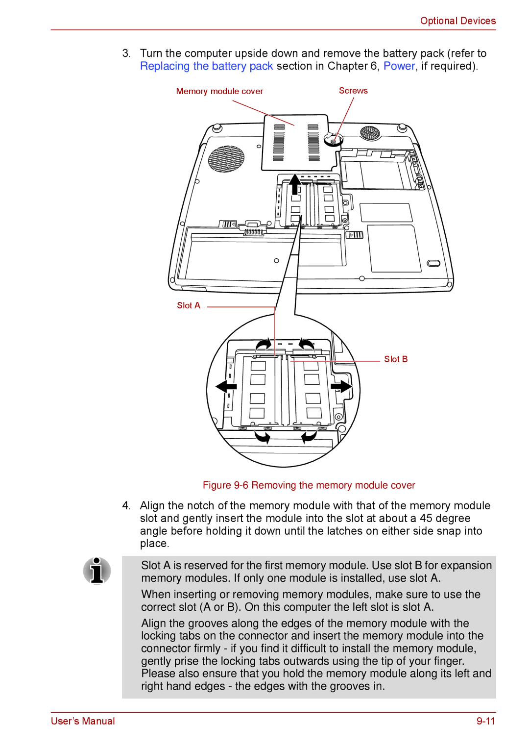 Toshiba F50 user manual Removing the memory module cover 