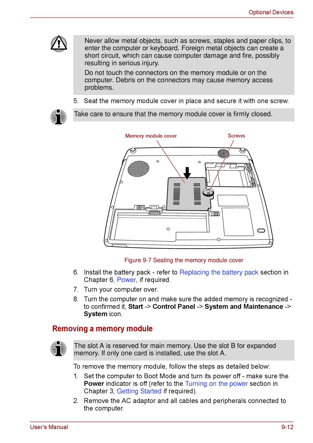 Toshiba F50 user manual Removing a memory module, Seating the memory module cover 