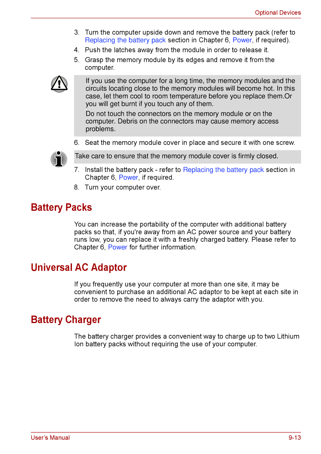 Toshiba F50 user manual Battery Packs, Universal AC Adaptor, Battery Charger 