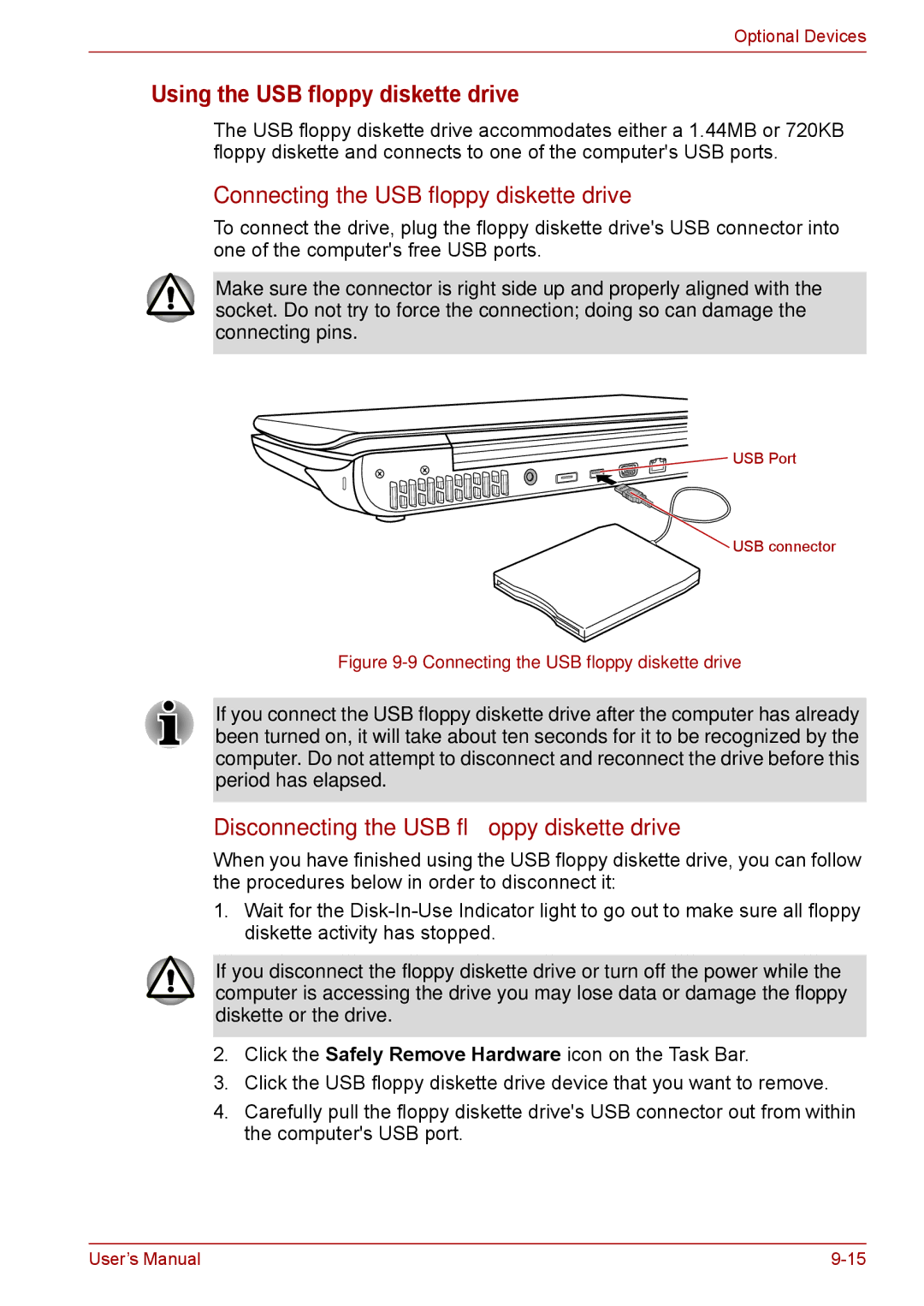 Toshiba F50 user manual Using the USB floppy diskette drive, Connecting the USB floppy diskette drive 