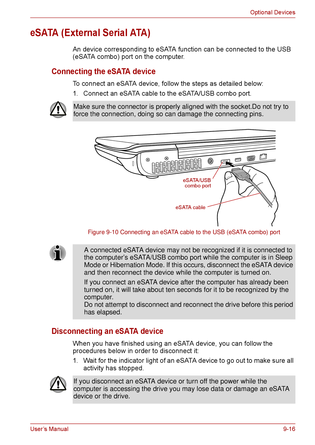 Toshiba F50 user manual ESATA External Serial ATA, Connecting the eSATA device, Disconnecting an eSATA device 