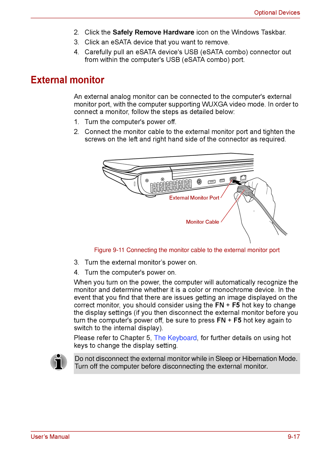 Toshiba F50 user manual External monitor, Connecting the monitor cable to the external monitor port 