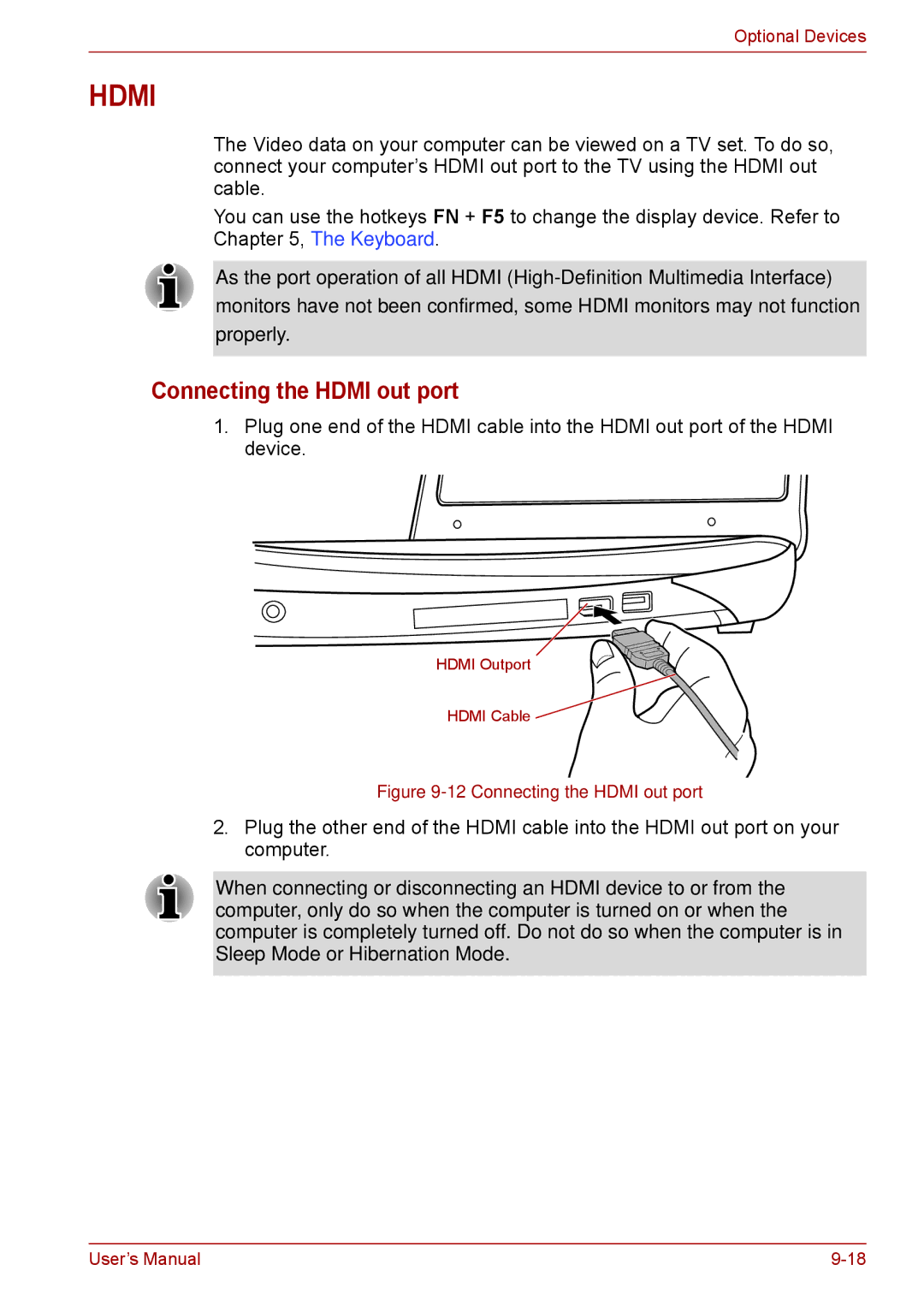 Toshiba F50 user manual Connecting the Hdmi out port 