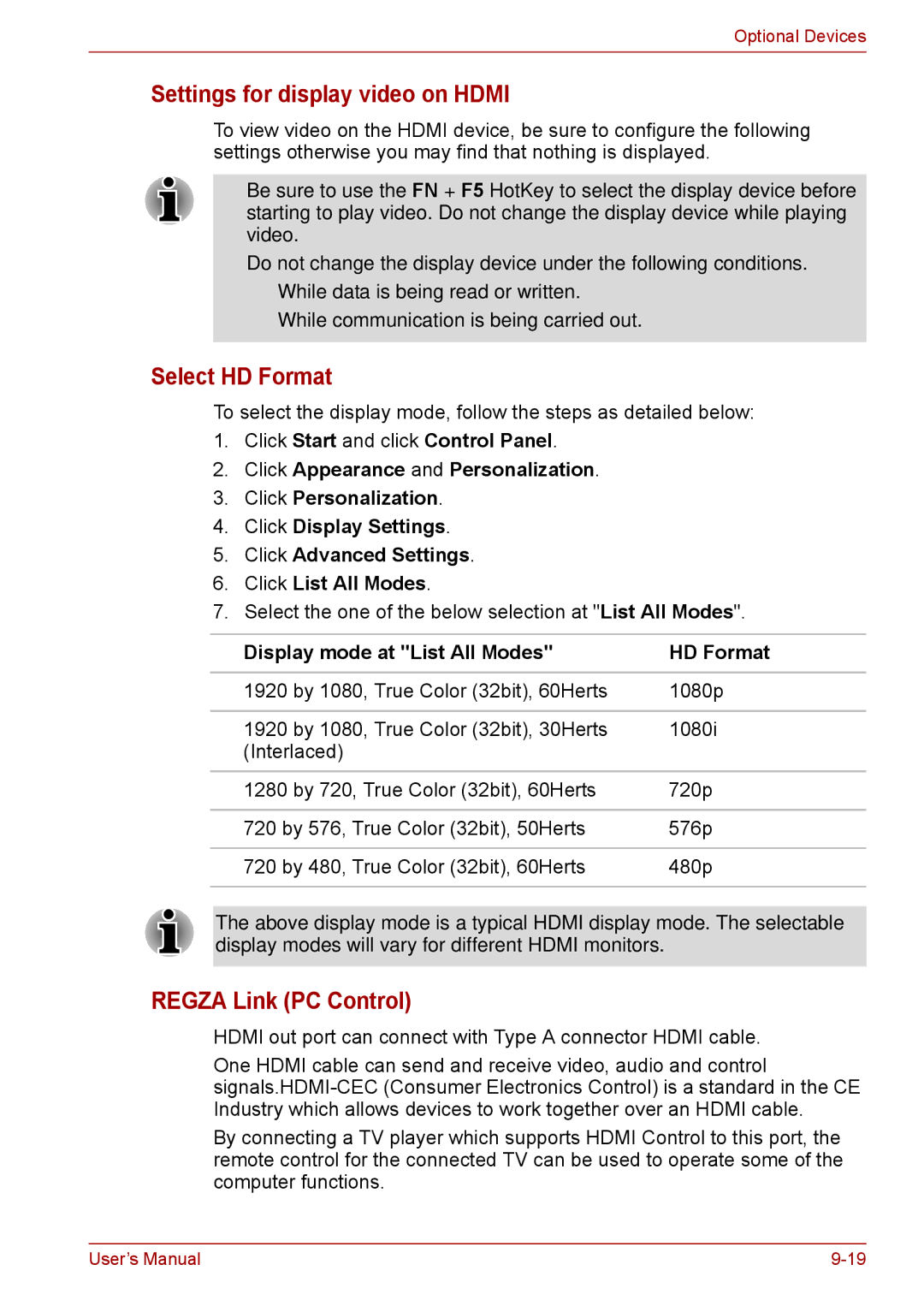 Toshiba F50 user manual Settings for display video on Hdmi, Select HD Format, Regza Link PC Control 