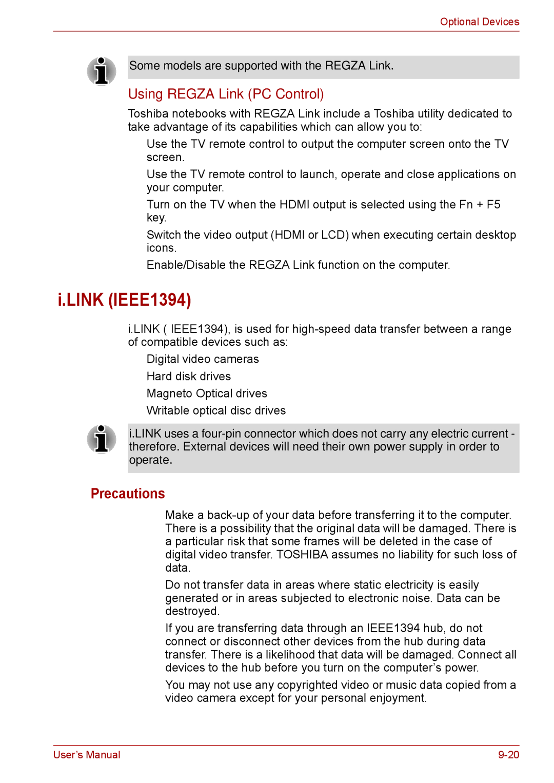 Toshiba F50 user manual Link IEEE1394, Precautions, Using Regza Link PC Control 