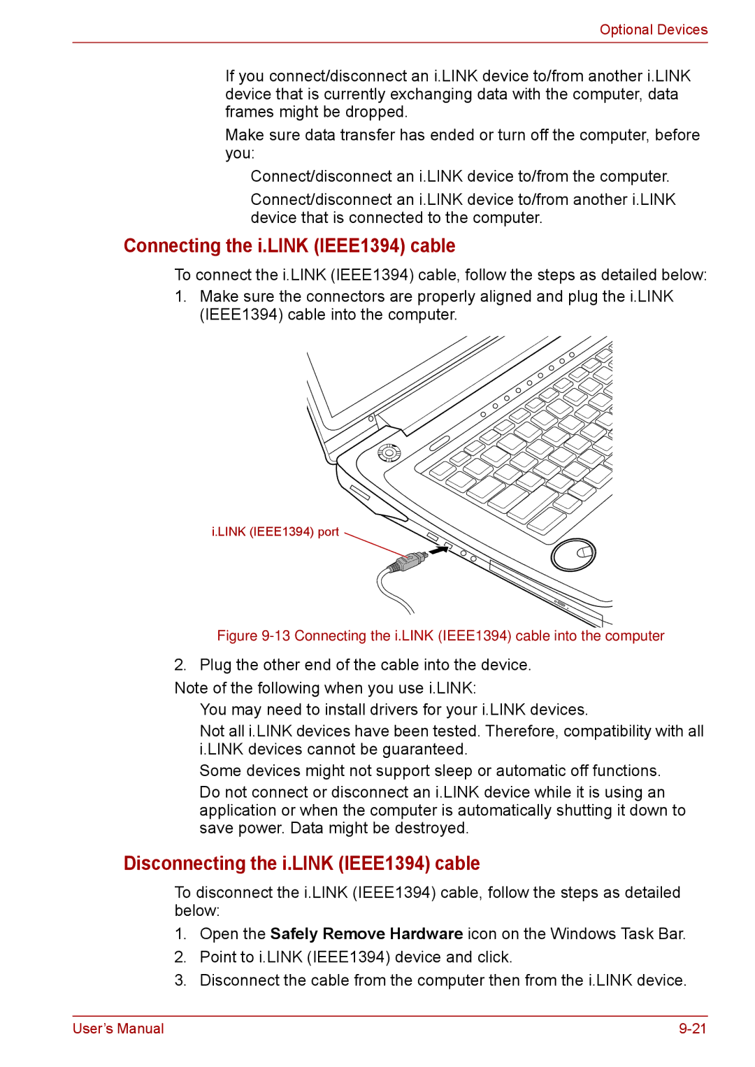 Toshiba F50 user manual Connecting the i.LINK IEEE1394 cable, Disconnecting the i.LINK IEEE1394 cable 