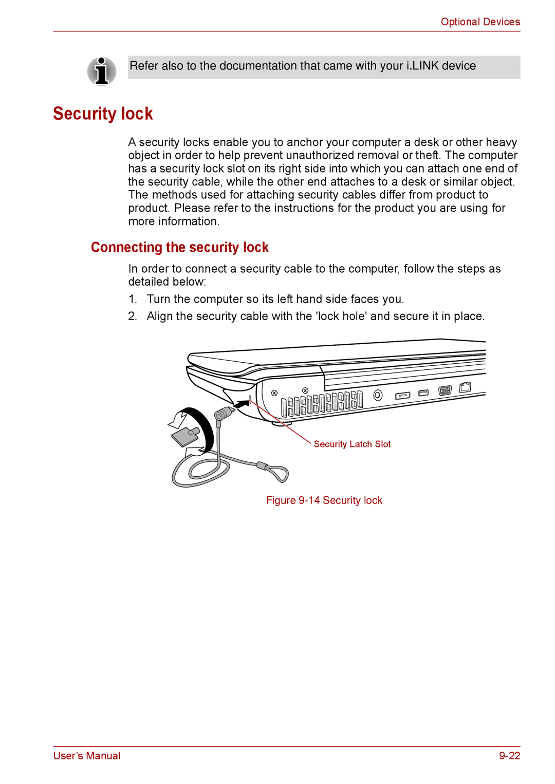 Toshiba F50 user manual Security lock, Connecting the security lock 