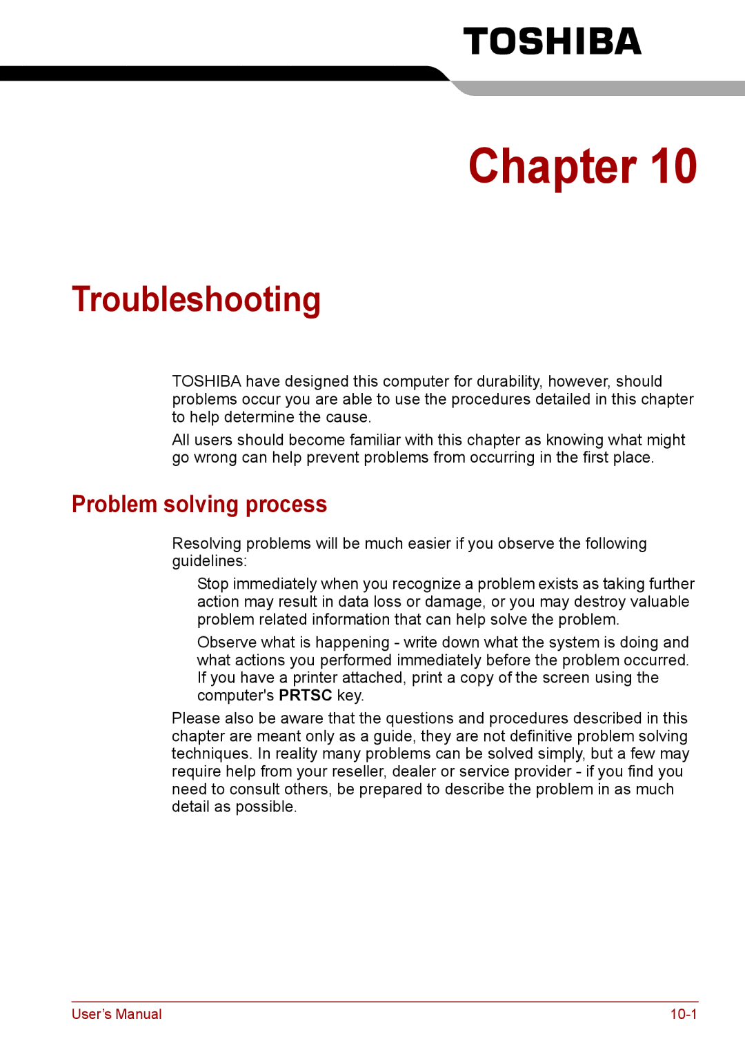 Toshiba F50 user manual Troubleshooting, Problem solving process 