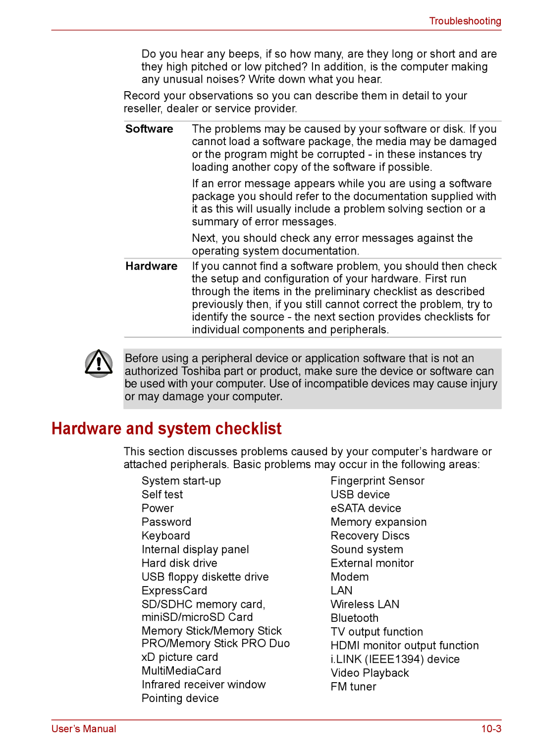 Toshiba F50 user manual Hardware and system checklist 