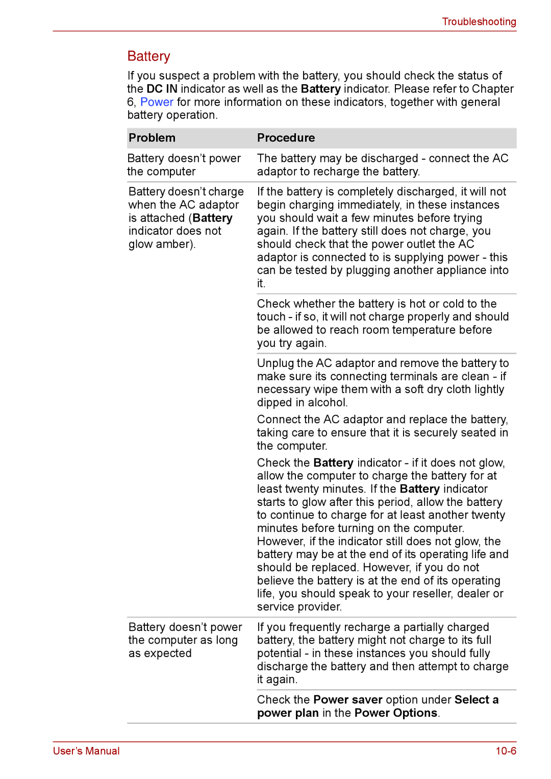 Toshiba F50 user manual Battery, Power plan in the Power Options 