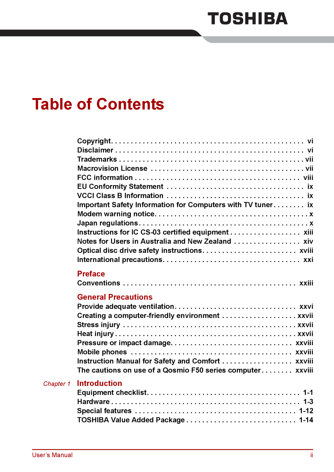 Toshiba F50 user manual Table of Contents 