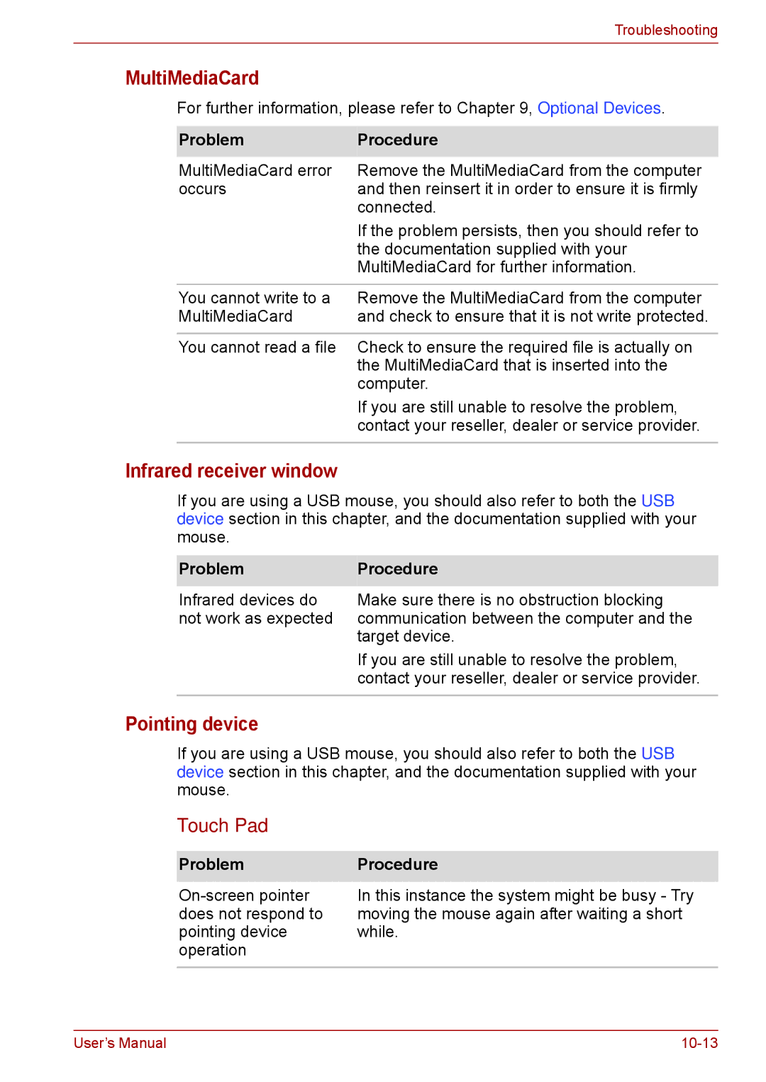 Toshiba F50 user manual MultiMediaCard, Infrared receiver window, Pointing device, Touch Pad 