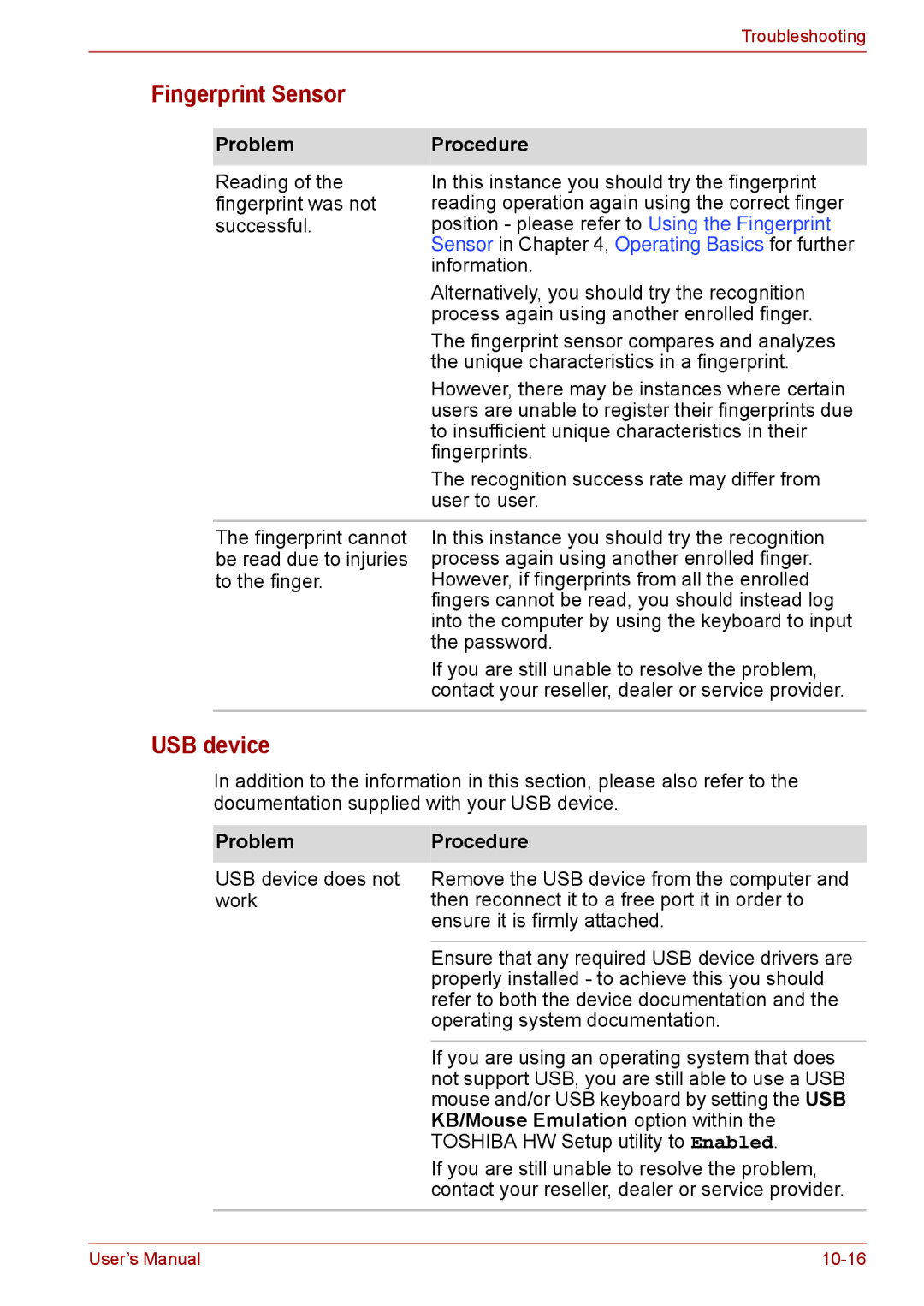 Toshiba F50 user manual Fingerprint Sensor, USB device, KB/Mouse Emulation option within 