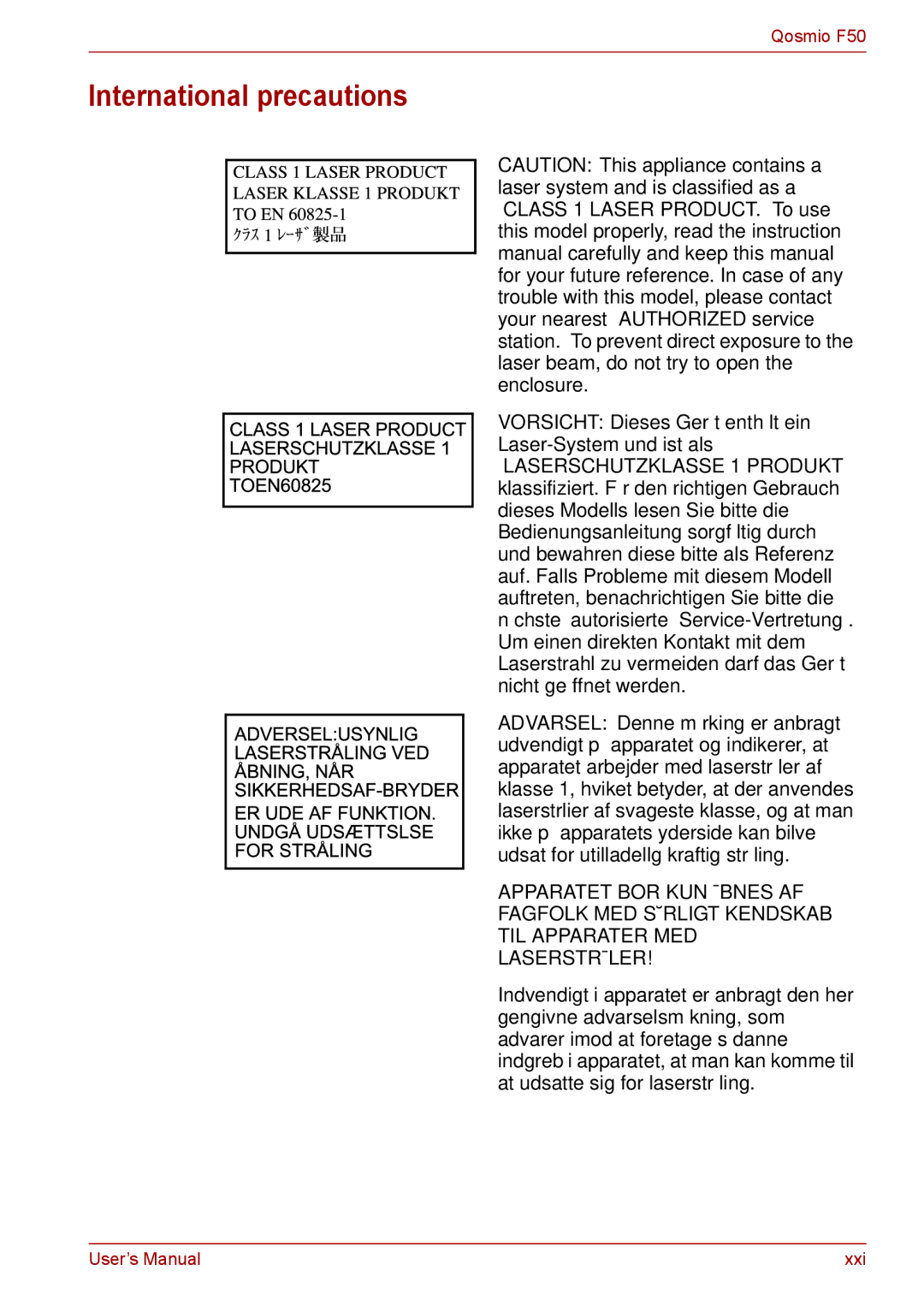 Toshiba F50 user manual International precautions, Vorsicht Dieses Gerät enthält ein Laser-System und ist als 