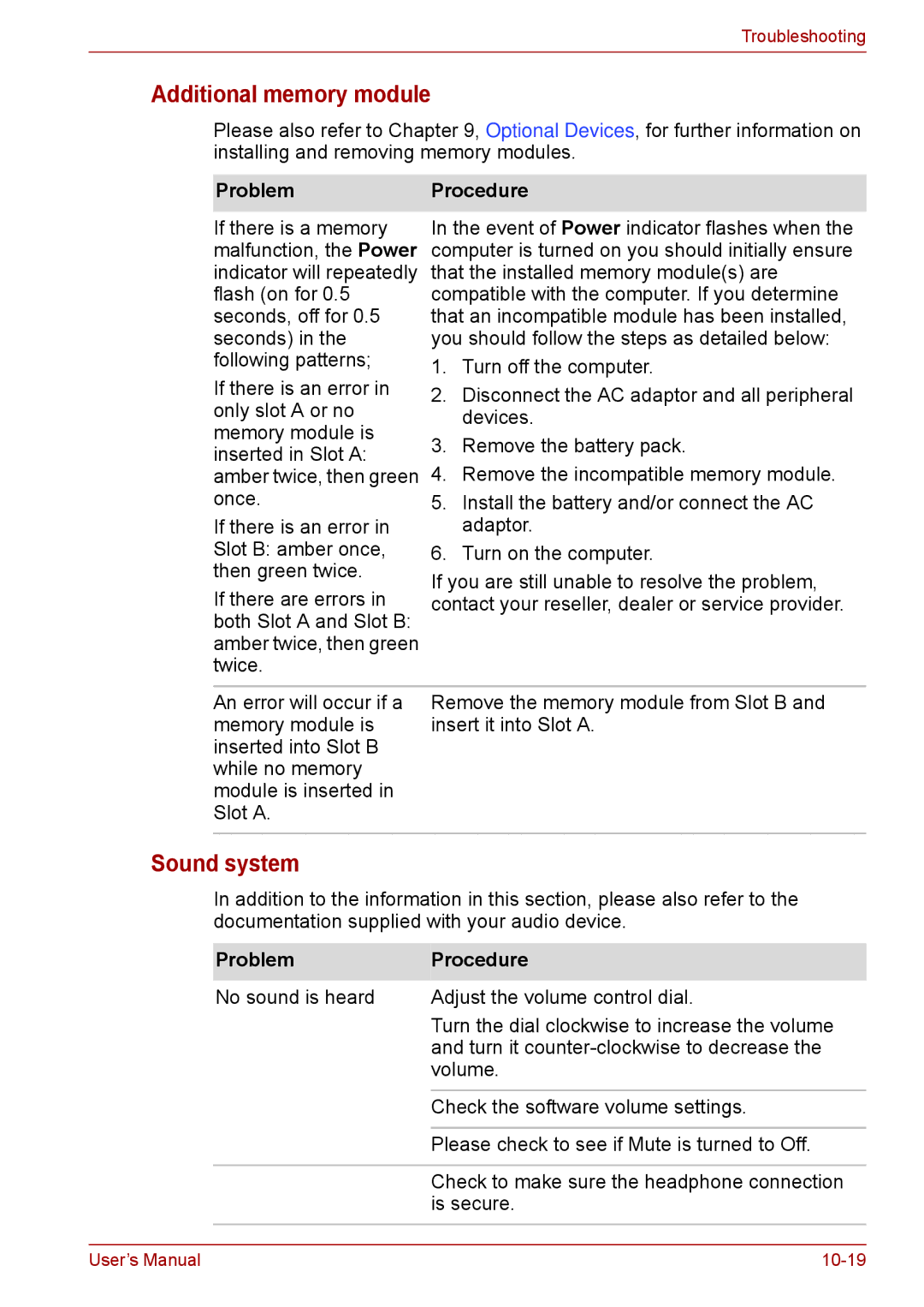 Toshiba F50 user manual Additional memory module, Sound system 