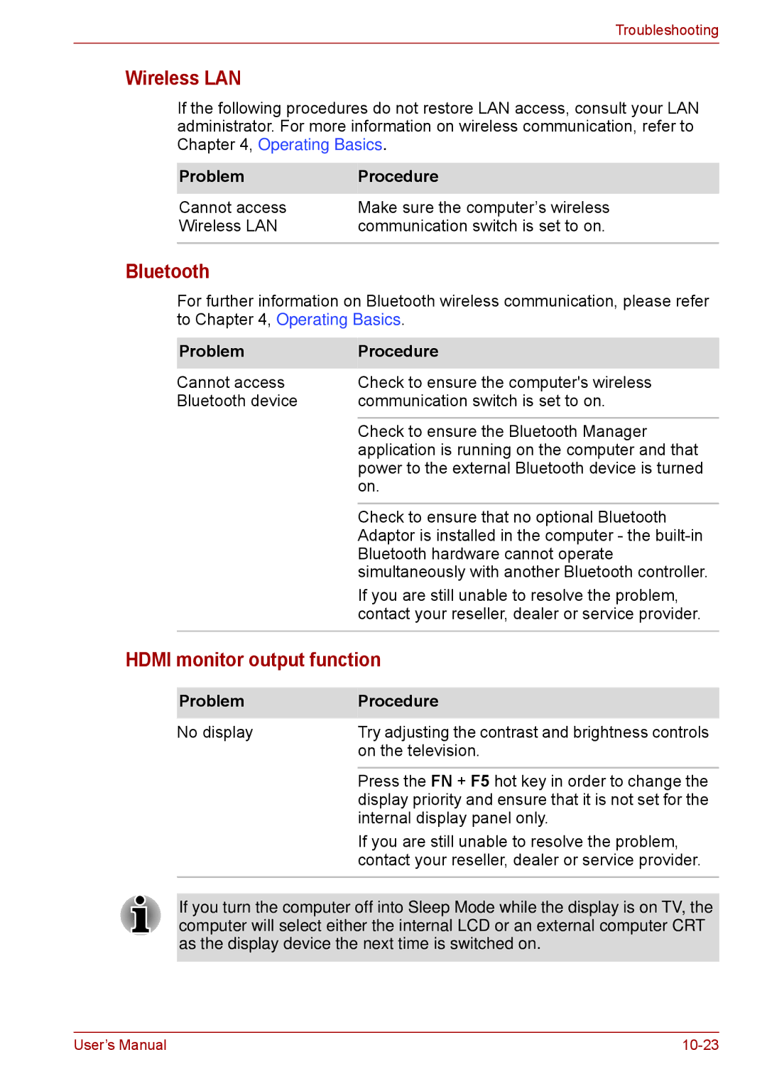 Toshiba F50 user manual Bluetooth, Hdmi monitor output function 