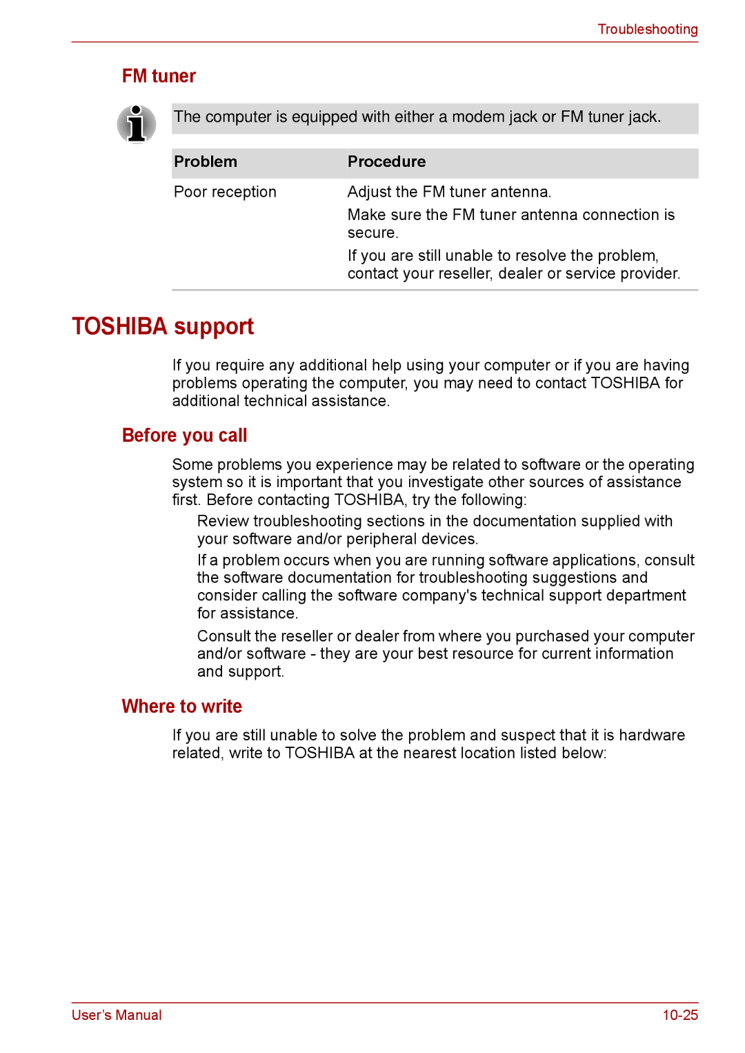 Toshiba F50 user manual Toshiba support, Before you call, Where to write 