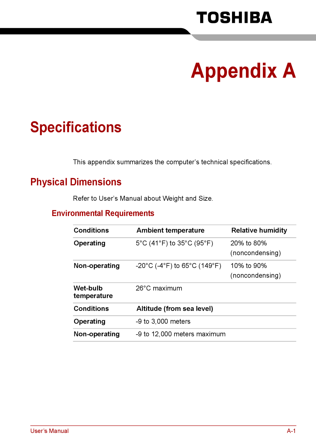 Toshiba F50 user manual Specifications, Physical Dimensions, Environmental Requirements 