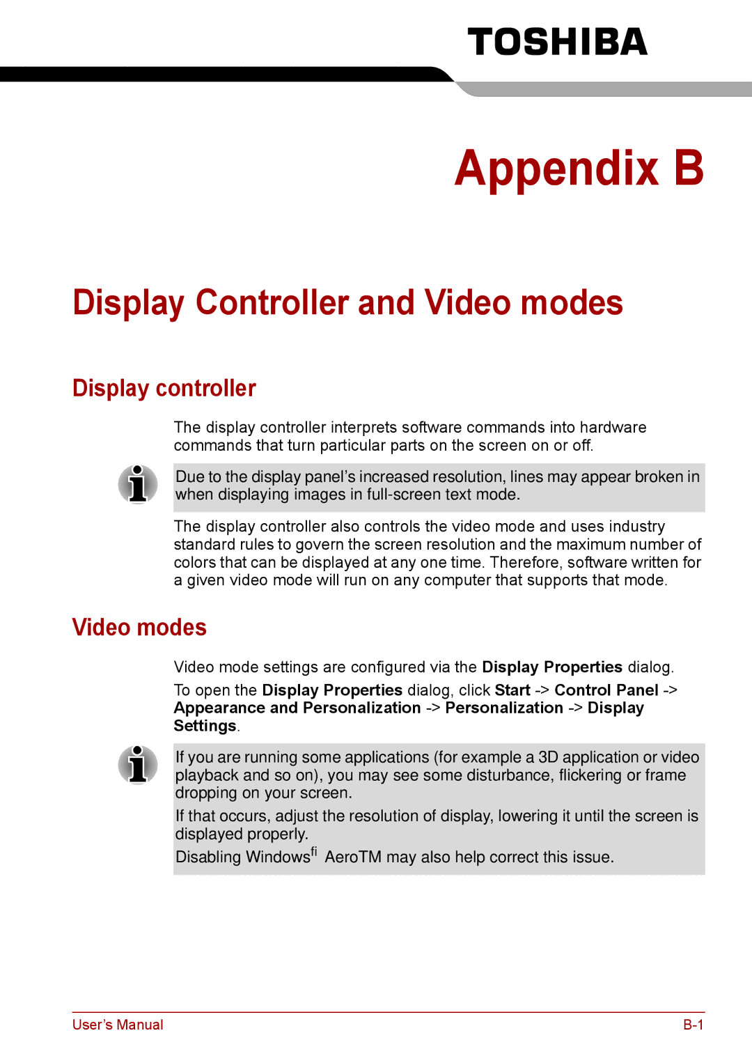 Toshiba F50 user manual Display Controller and Video modes, Display controller 