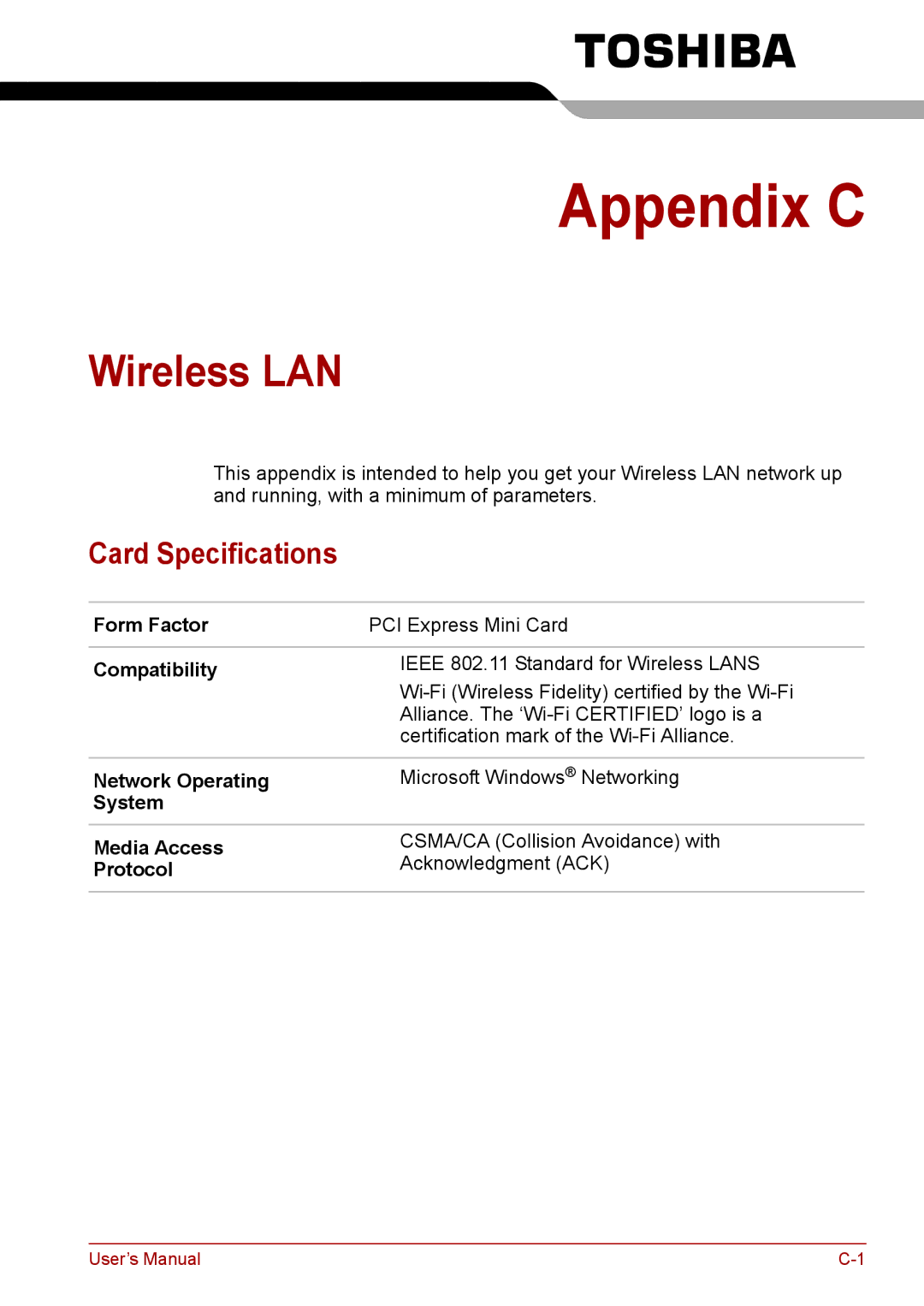 Toshiba F50 user manual Wireless LAN, Card Specifications 