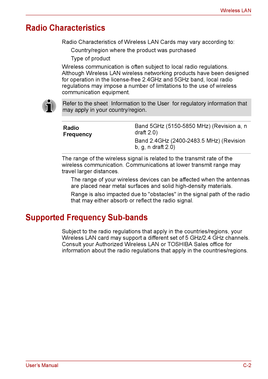 Toshiba F50 user manual Radio Characteristics, Supported Frequency Sub-bands 