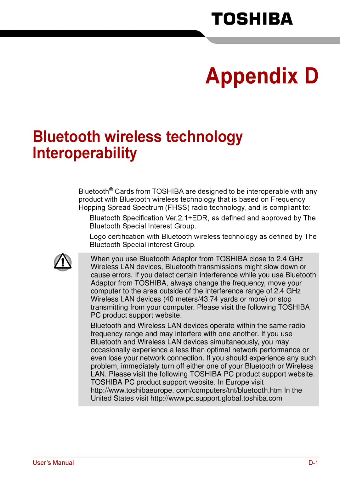 Toshiba F50 user manual Appendix D, Bluetooth wireless technology Interoperability 