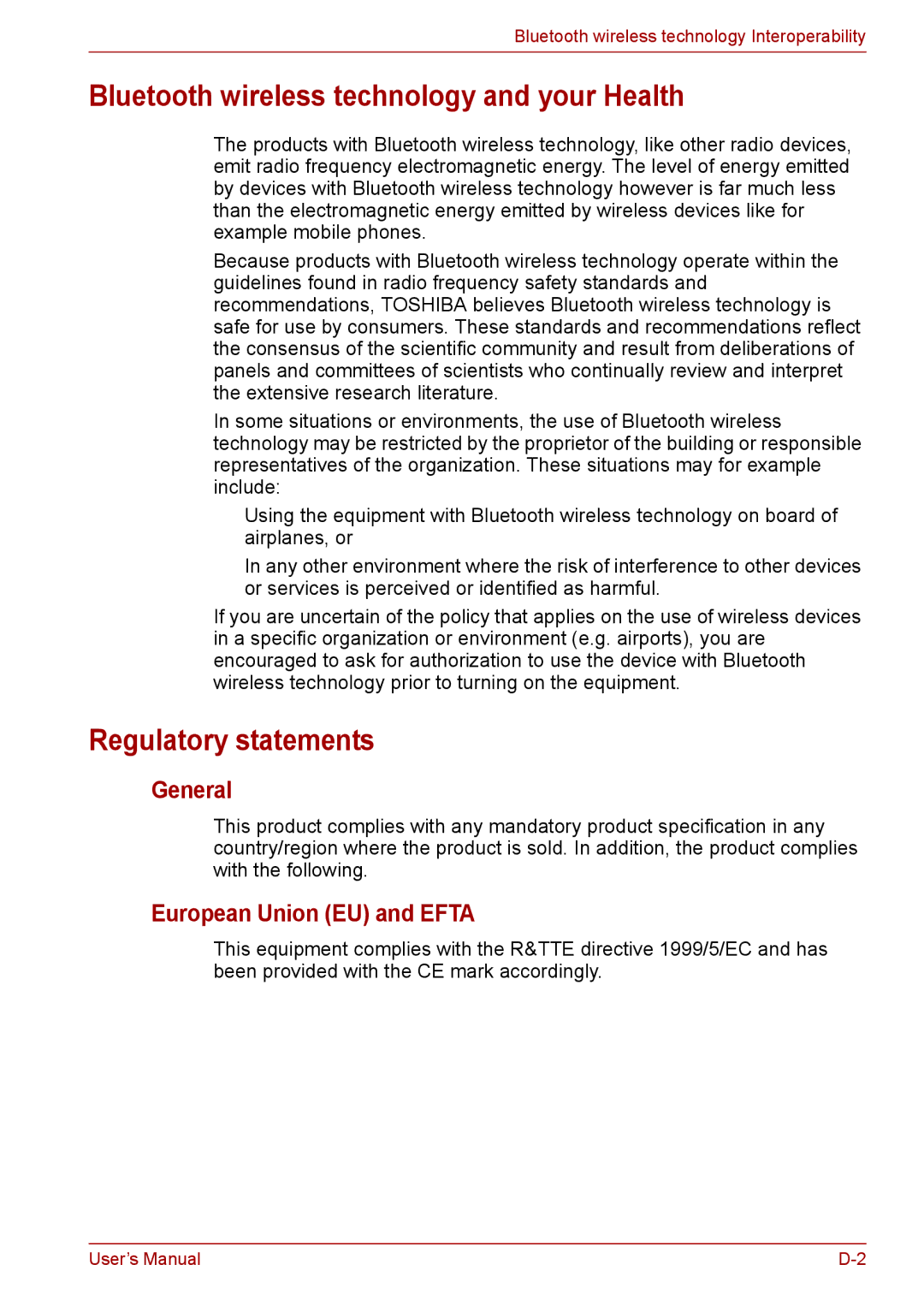 Toshiba F50 Bluetooth wireless technology and your Health, Regulatory statements, General, European Union EU and Efta 