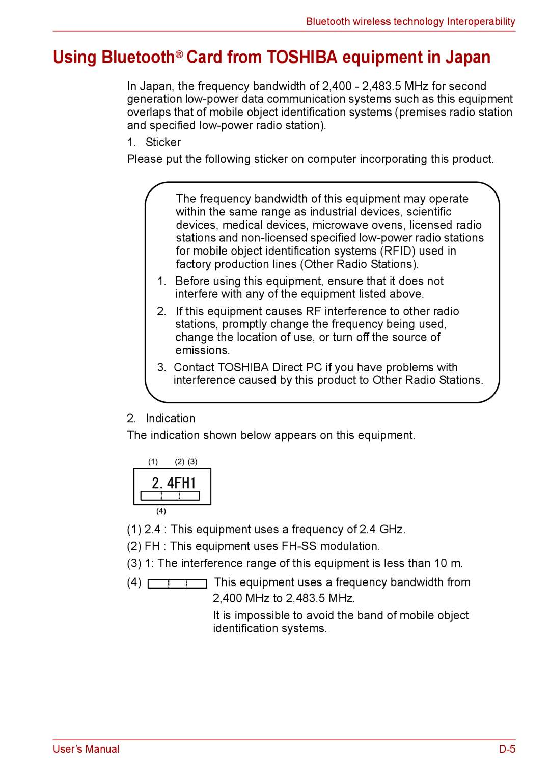 Toshiba F50 user manual Using Bluetooth Card from Toshiba equipment in Japan 