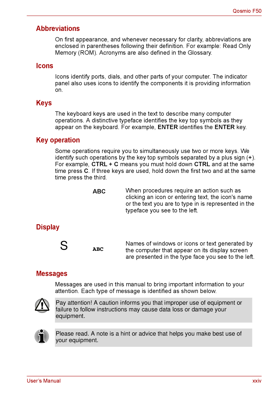 Toshiba F50 user manual Abbreviations, Icons, Keys, Key operation, Display, Messages 