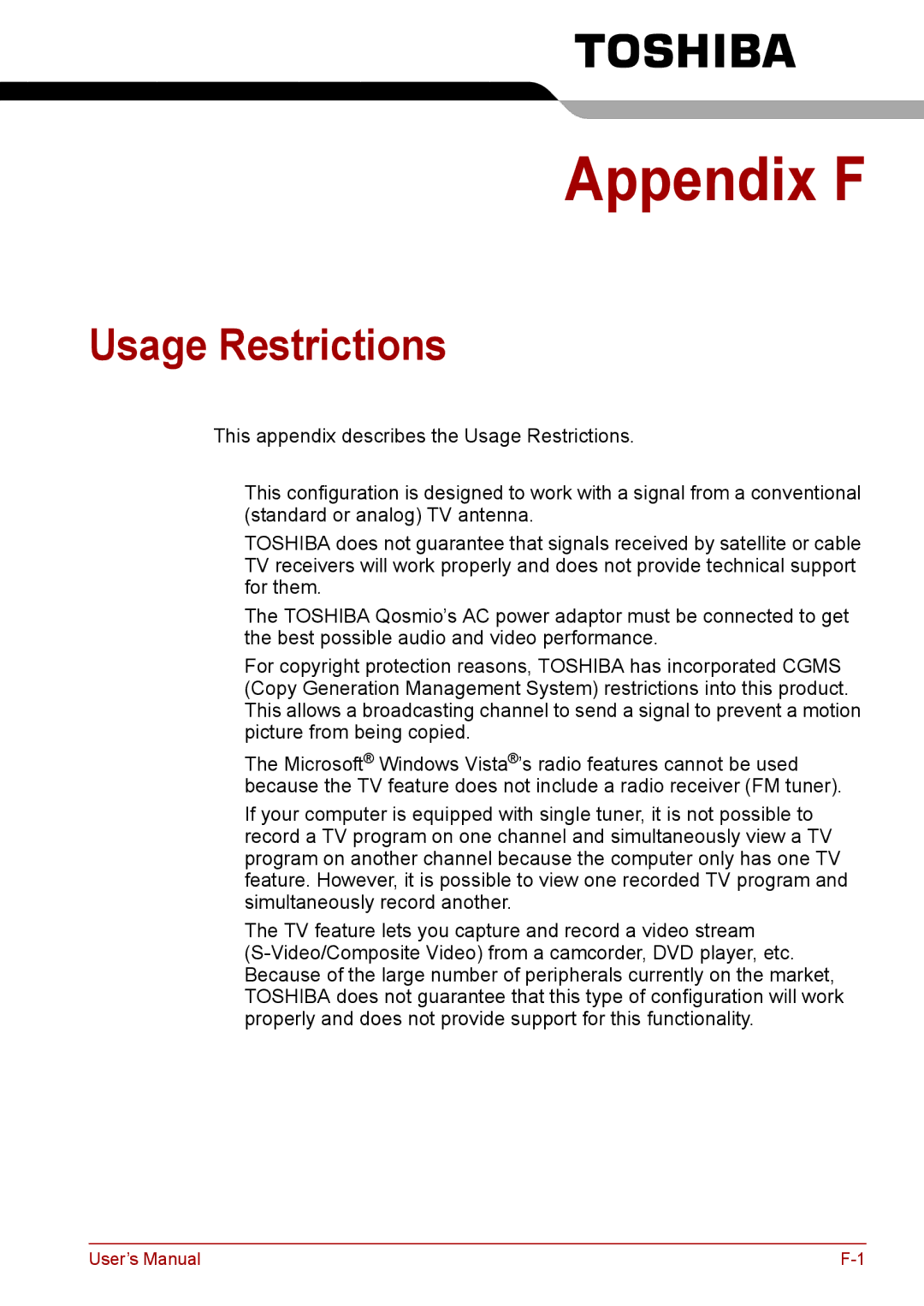 Toshiba F50 user manual Appendix F, Usage Restrictions 