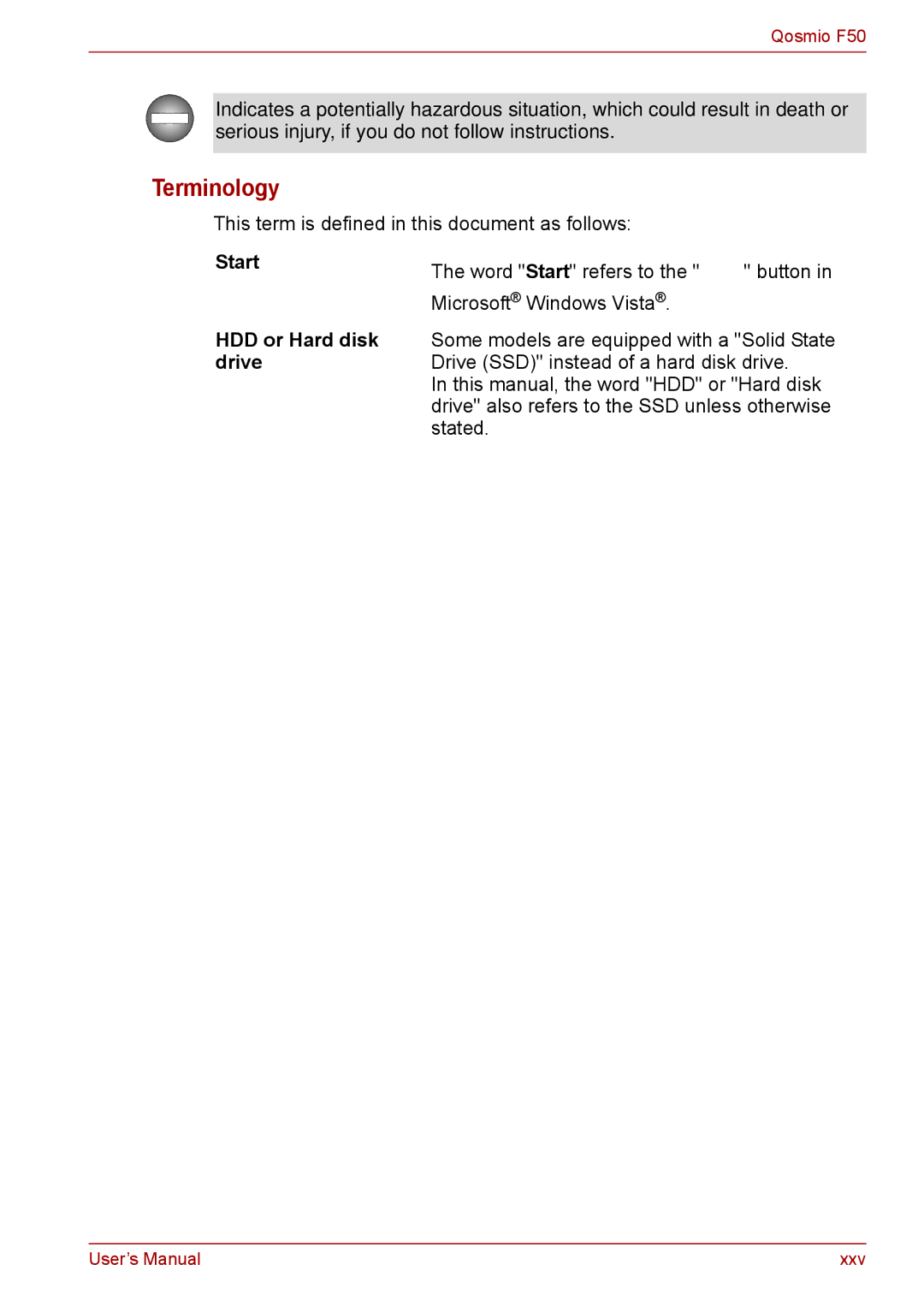 Toshiba F50 user manual Terminology, Start HDD or Hard disk drive 