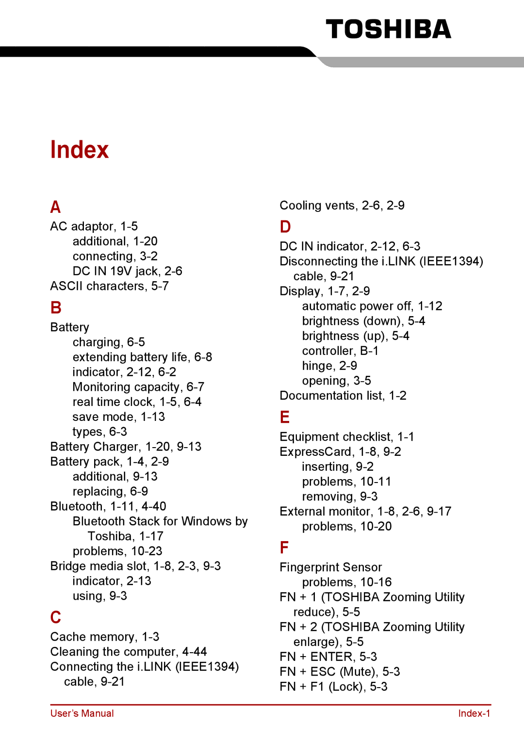 Toshiba F50 user manual Index 