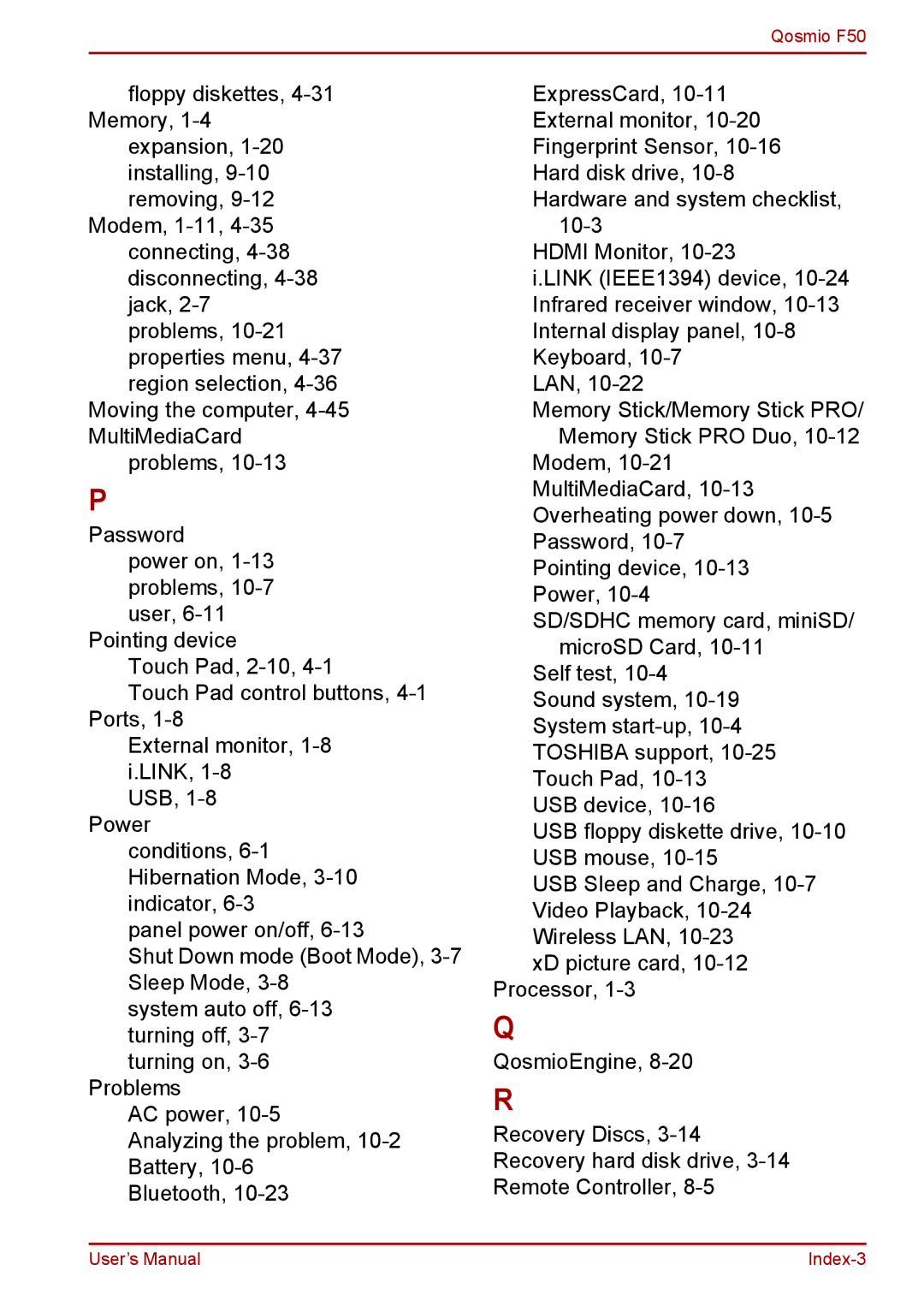 Toshiba F50 user manual Index-3 