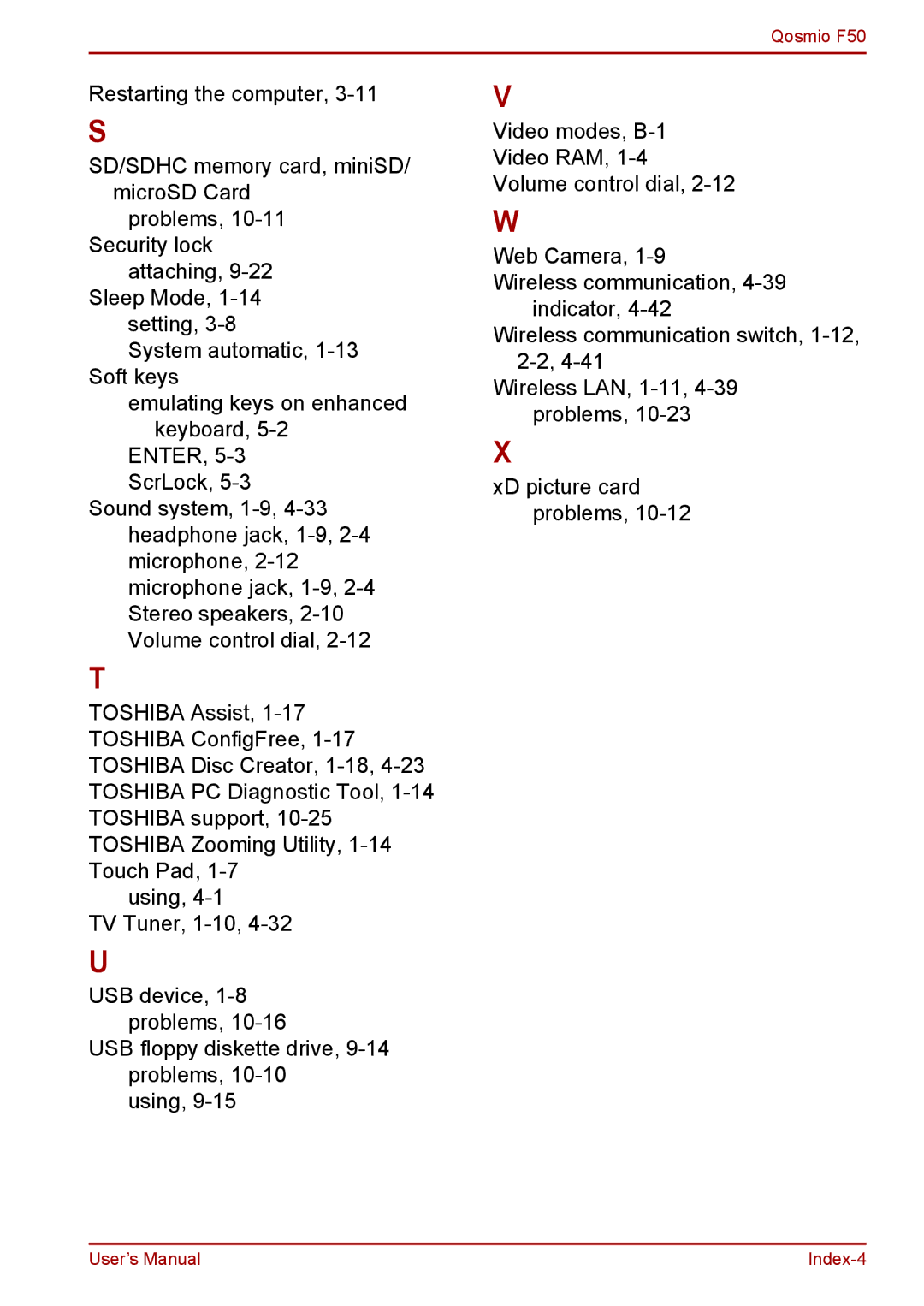 Toshiba F50 user manual Index-4 