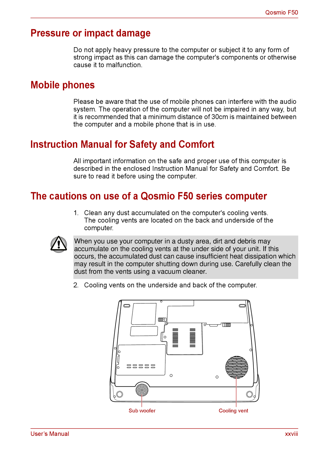 Toshiba F50 user manual Pressure or impact damage, Mobile phones 