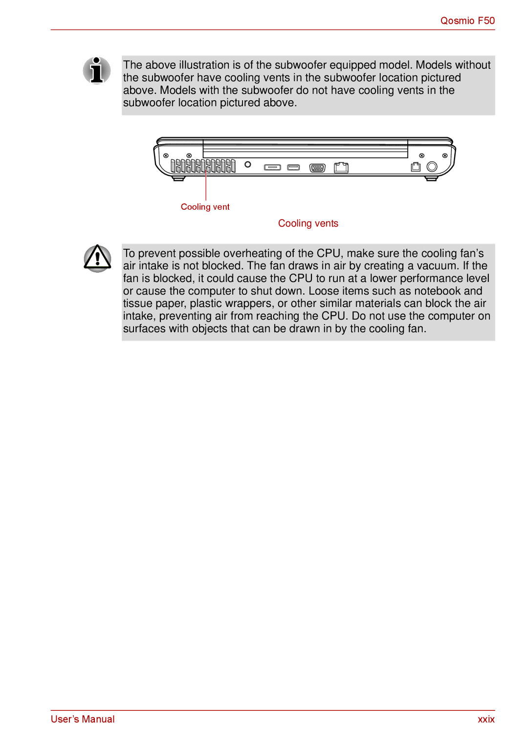 Toshiba F50 user manual Cooling vents 