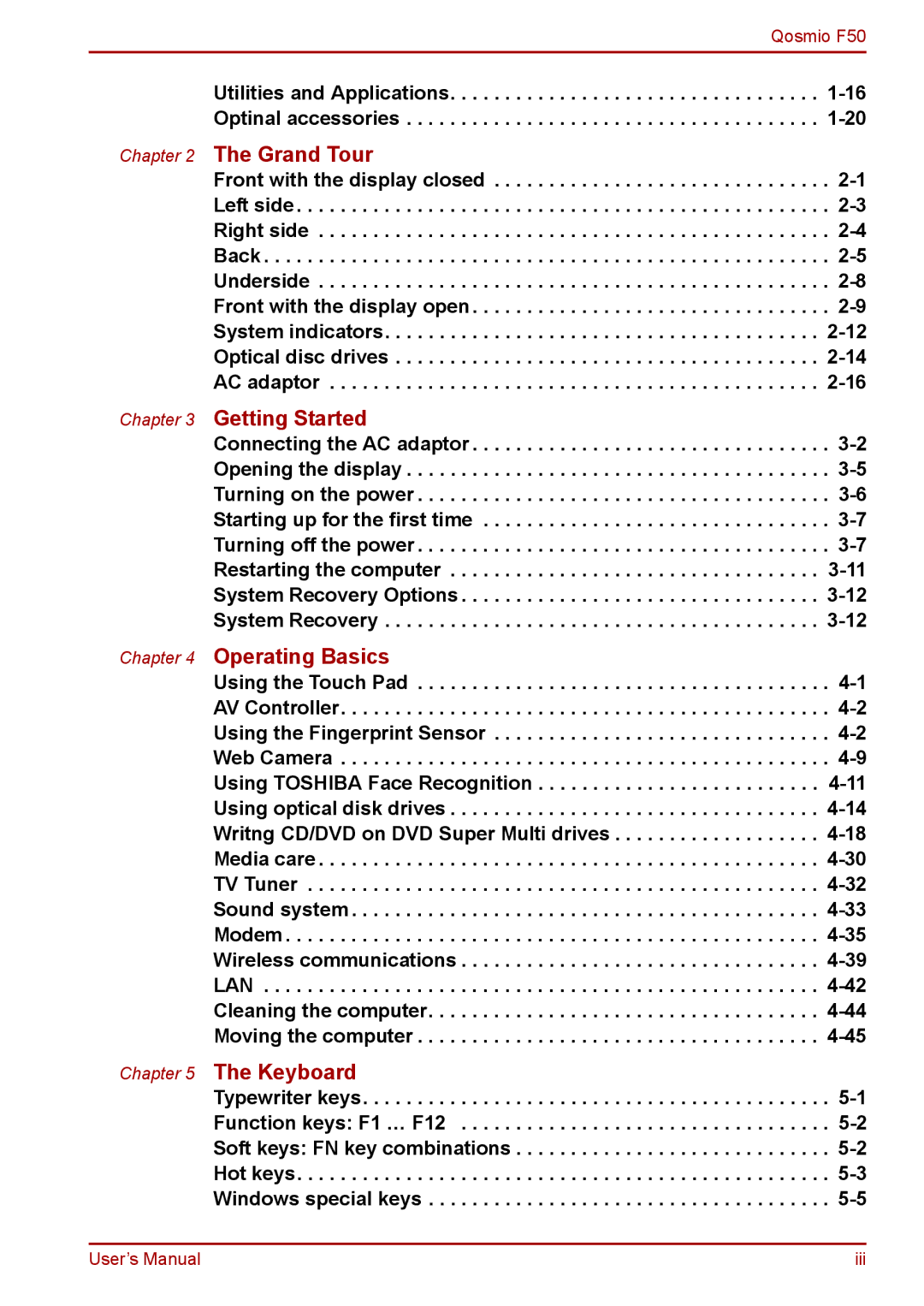 Toshiba F50 user manual Grand Tour, Utilities and Applications -16 Optinal accessories 