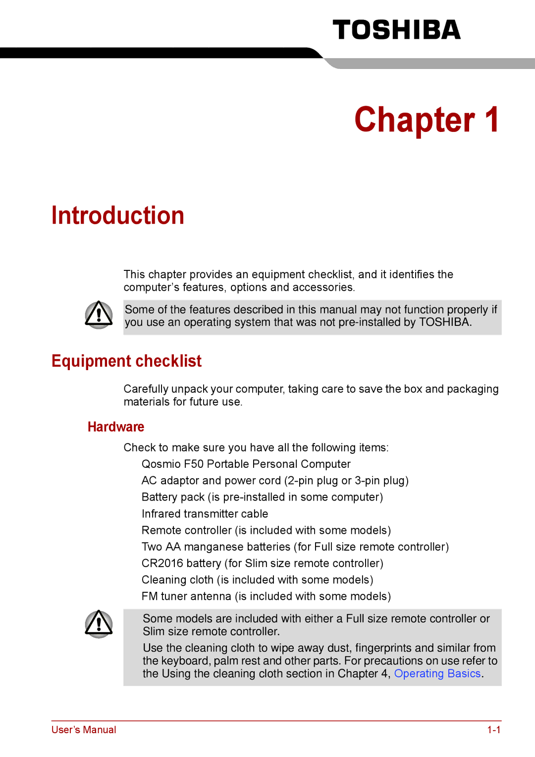 Toshiba F50 user manual Introduction, Equipment checklist, Hardware 