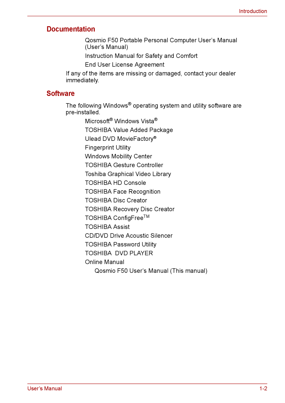 Toshiba F50 user manual Documentation, Software 