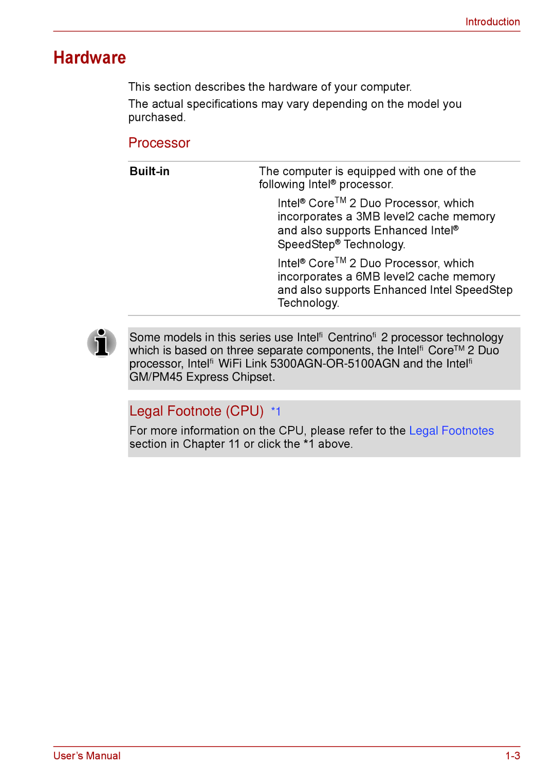 Toshiba F50 user manual Hardware, Processor, Legal Footnote CPU*1, Built-in 